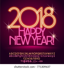 Vector colorful Neon Happy New Year 2018 Greeting Card with set of Letters, Symbols and Numbers. 