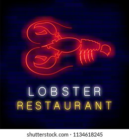 Vector Colorful Neon Lobster Restaurant Sign on Brick Wall Background.