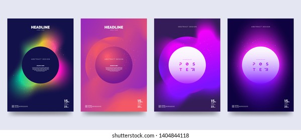 Vector colorful neon poster set. Circle shape with neon splash. Abstract background with liquid gradient. Fantastic eclipse. Applicable for banner design, cover, invitation, party flyer.
