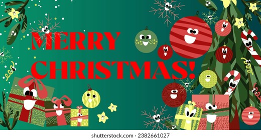 Vector colorful New Year banner with fir tree, Christmas decorations, balls and gift boxes