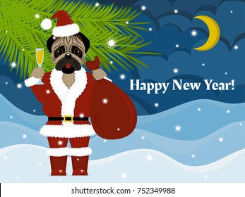 Vector colorful new year card with pug dog Santa in red costume.