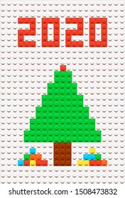Vector Colorful New Year Postcard. 2020. illustration from kids construction block toys. Christmas tree.