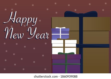 Vector colorful New Years gift boxes and presents with snow and ribbons. Christmas and New Year holidays backgrounds and cards