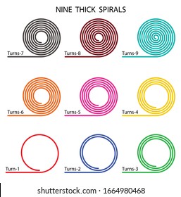 Vector colorful nine spirals on white background. Each have different colors and number of turns.
