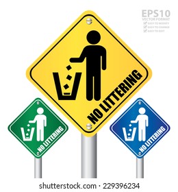 Vector : Colorful No Littering Road Sign or Street Sign Isolated on White Background 
