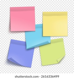 Vector colorful note paper isolated on transparent background. Realistic sticky note. Mockup of paper for design.