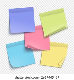 Vector colorful note paper isolated on transparent background. Realistic sticky note. Mockup of paper for design.