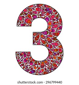 Vector colorful number 3 with bright drops. Bright summer number three for print or ABC illustrations.