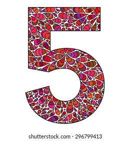 Vector colorful number 5 with bright drops. Bright summer number five for print or ABC illustrations.