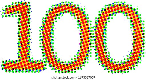 Vector colorido números 100, 100 aislado en fondo blanco. Diseño creativo de color de media tonalidad, Pop Art