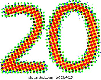 Los vectores coloridos números 20, 20 aislados en fondo blanco. Diseño creativo de color de media tonalidad, Pop Art