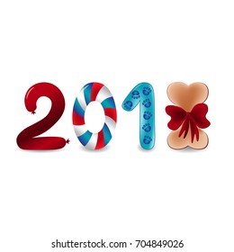 Vector colorful numbers 2018 with eight as bone with bow and two as sausage. Next new year template illustration