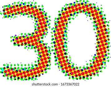 Vector colorful numbers 30, 30th isolated on white background. Color halftone, Pop Art creative design