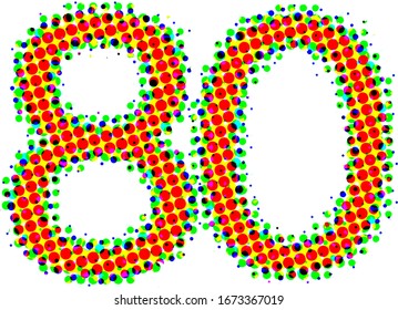Vektorillustration bunte Zahlen 80, 80. einzeln auf weißem Hintergrund. Farbhalftone, Pop Art kreatives Design