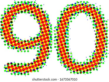 Vector colorful numbers 90, 90th isolated on white background. Color halftone, Pop Art creative design