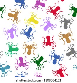 Vector Colorful Octopus Icon Seamless Pattern Isolated on White Background. Stilized Textured Design. Sea Food Template.