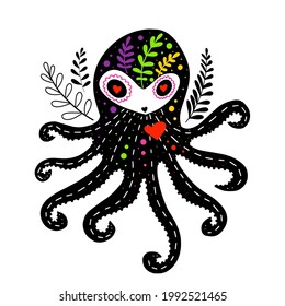 Vector colorful octopus skeleton with floral design, isolated on white background. Dia de los Muertos, Day of the dead or Halloween concept
