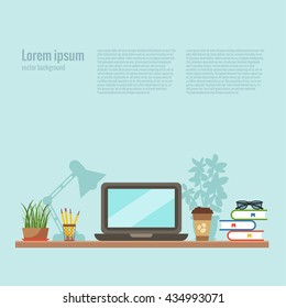 Vector colorful office desk closeup concept. Flat work interior design elements: table, laptop, lamp and books.