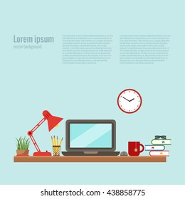 Vector colorful office desk closeup concept. Flat work interior design elements: table, laptop, lamp and books.