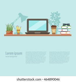 Vector colorful office desk closeup concept. Flat work interior design elements: table, laptop, lamp and books.
