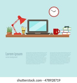 Vector colorful office desk closeup concept. Flat work interior design elements: table, laptop, lamp, books.