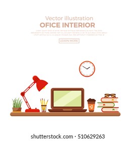 Vector colorful office desk closeup concept. Flat work interior design elements: table, laptop, lamp and books.