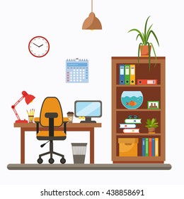 Vector colorful office desk with indoor plants. Work interior design elements: laptop, indoor plants.  