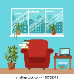 Vector colorful office desk with indoor plants. Work interior design elements: laptop, indoor plants.  