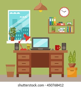 Vector colorful office desk with indoor plants. Work interior design elements: laptop, indoor plants.  