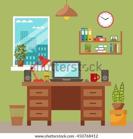 Vector colorful office desk with indoor plants. Work interior design elements: laptop, indoor plants.  
