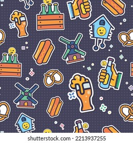 vector colorful Oktoberfest stickers on a seamless, trendy, repeat pattern background. Perfect for Banner, flyer, poster, scrapbook, gift wrapping, packaging and greeting card projects