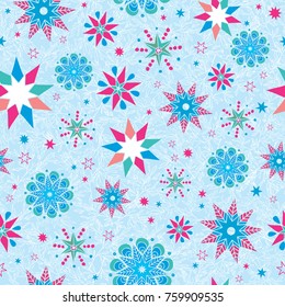 Vector colorful on blue hand drawn christmass snowflakes stars repeat seamless pattern background. Can be used for fabric, wallpaper, stationery, packaging.