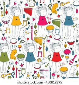 Vector colorful on white seamless illustration with cute dancing girl, musical instruments, cat, flowers, doodle shapes. Square hand drawn picture good for dancing school, dance classes, ballet studio