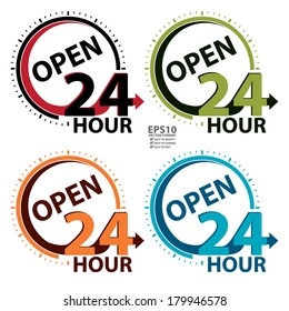 Vector : Colorful Open 24 Hour Icon or Label for Work Hour, Customer Service, Support or CRM Concept Isolated on White Background 