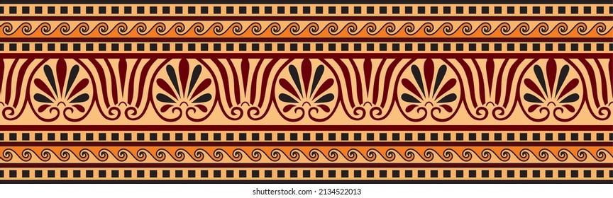 Vector colorful orange classic seamless european national ornament. Ethnic pattern of the Romanesque peoples. Border, frame of ancient greece, roman empire.
