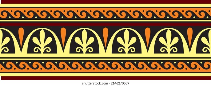 Vector colorido naranja clásico ornamento nacional europeo sin fisuras. Patrón étnico de los pueblos románicos. Frontera, marco de grecia antigua, imperio romano