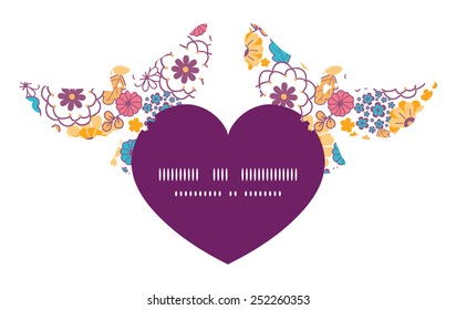 Vector colorful oriental flowers birds holding heart silhouette frame pattern invitation greeting card template