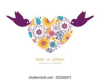 Vector colorful oriental flowers birds holding heart silhouette frame pattern invitation greeting card template