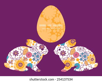 Vector colorful oriental flowers bunny rabbit silhouette Easter frame