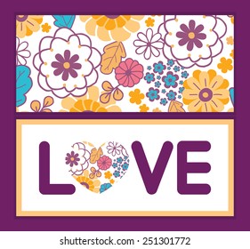 Vector colorful oriental flowers love text frame pattern invitation greeting card template