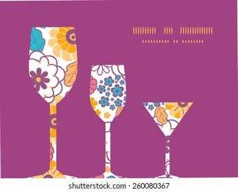 Vector colorful oriental flowers three wine glasses silhouettes pattern frame