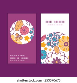 Vector colorful oriental flowers vertical round frame pattern business cards set