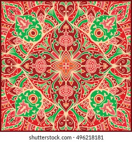 Vector colorful ornament. Template for the carpet, mosaic, shawl, tile, cushions. Oriental red floral pattern with pomegranates.