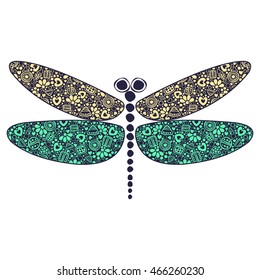 Vector colorful ornamental decorative illustration of dragonfly, isolated on the white background. 