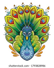 Vector colorful ornamental portrait of peacock. Abstract contour illustration isolated on white background. Stock illustration for adult coloring, T Shirt, design, print, decoration and tattoo. 