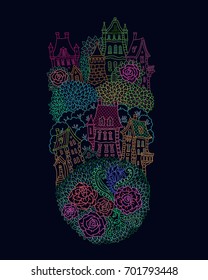 Vector colorful outline contoured fantasy landscape, trees, rose flowers, fairy small town buildings and garden on a black background.T shirt print. Book cover, poster, vertical page, embroidery print