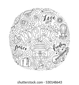 Vector colorful  outline hand drawn doodle  set of hippie objects and symbols with lettering.This illustration can be used as a print on t-shirts and bags, stationary or as a poster.