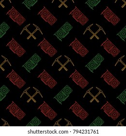 vector colorful outline style design GPU red and green graphic processing units crypto currency gold crossed mining picks illustrations isolated black background seamless decoration pattern