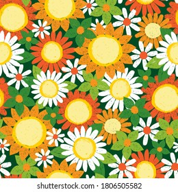 Vector colorful overlapping textured sunflowers and daisy pen sketch repeat pattern. Suitable for textile, gift wrap and wallpaper.