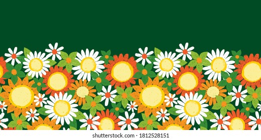 Vector colorful overlapping textured sunflowers and daisy pen sketch horizontal border pattern. Suitable for greeting cards, posters and banners.